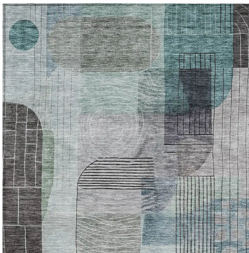 Teal Blue Gray And Charcoal Abstract Washable Indoor Outdoor Area Rug Photo 5