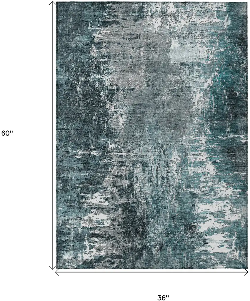 Teal Blue Gray And Charcoal Abstract Washable Indoor Outdoor Area Rug Photo 3