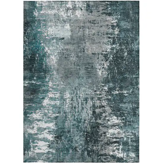 Teal Blue Gray And Charcoal Abstract Washable Indoor Outdoor Area Rug Photo 5
