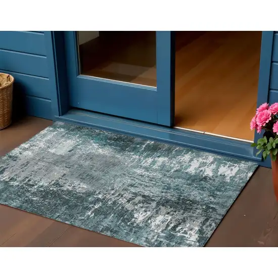 Teal Blue Gray And Charcoal Abstract Washable Indoor Outdoor Area Rug Photo 1