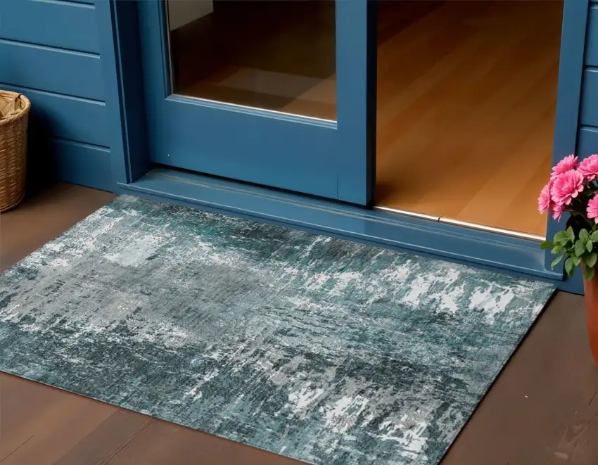 Teal Blue Gray And Charcoal Abstract Washable Indoor Outdoor Area Rug Photo 1