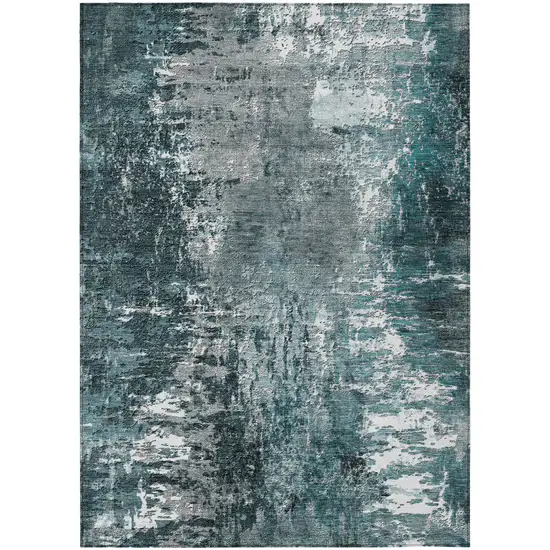 Teal Blue Gray And Charcoal Abstract Washable Indoor Outdoor Area Rug Photo 1