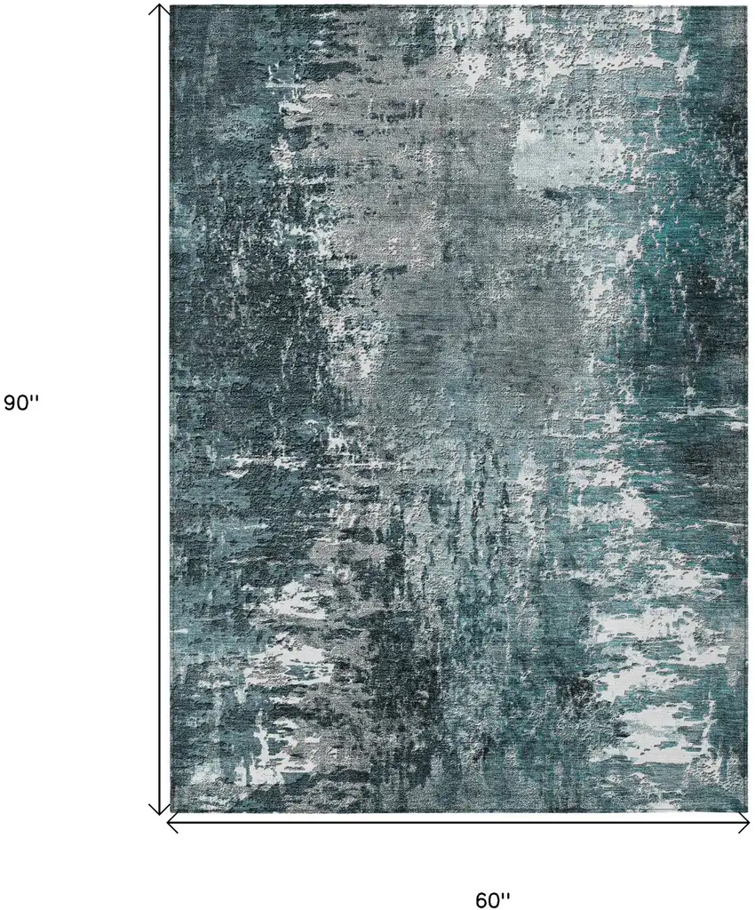 Teal Blue Gray And Charcoal Abstract Washable Indoor Outdoor Area Rug Photo 3