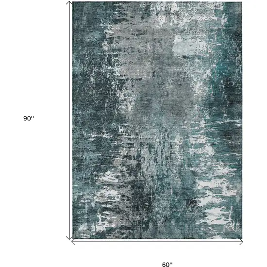 Teal Blue Gray And Charcoal Abstract Washable Indoor Outdoor Area Rug Photo 3