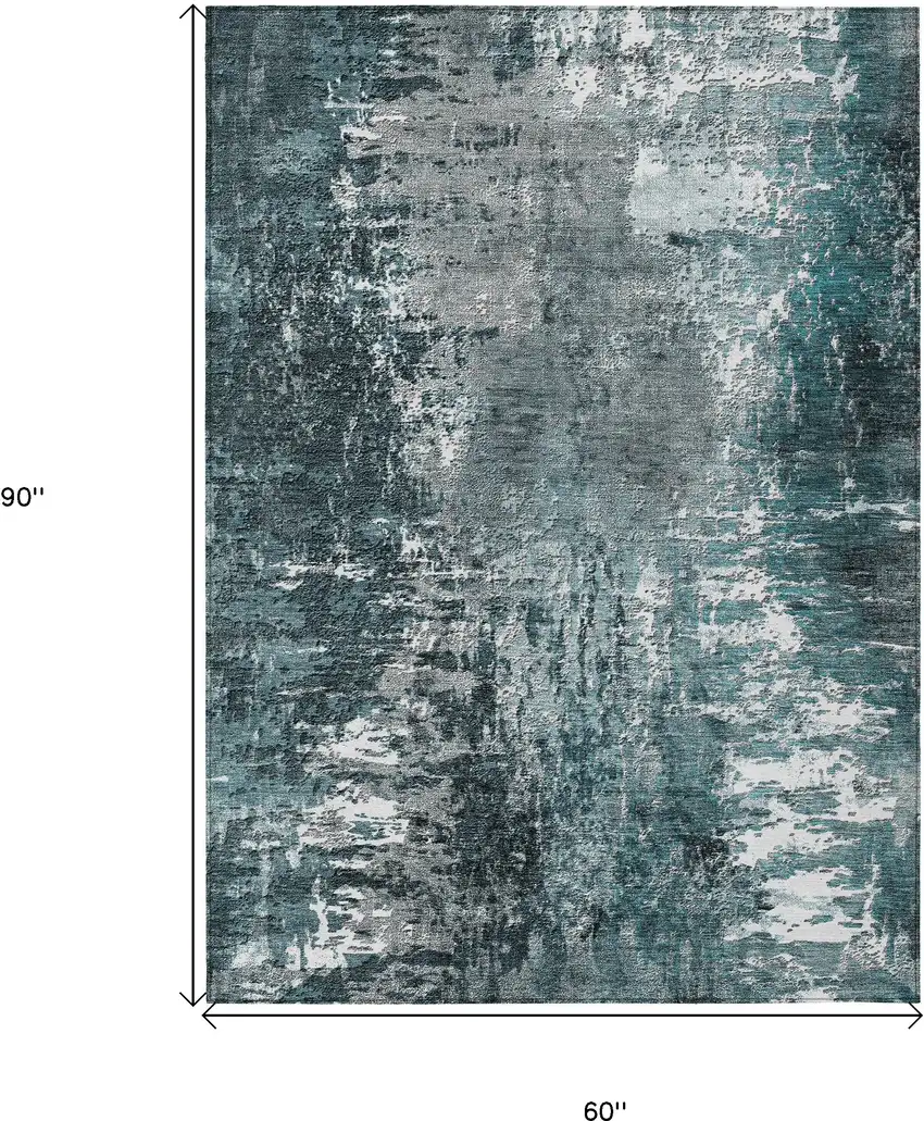 Teal Blue Gray And Charcoal Abstract Washable Indoor Outdoor Area Rug Photo 3