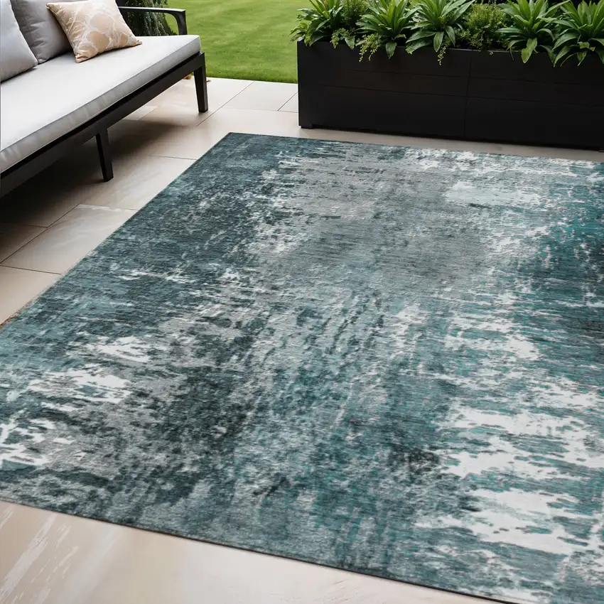 Teal Blue Gray And Charcoal Abstract Washable Indoor Outdoor Area Rug Photo 1