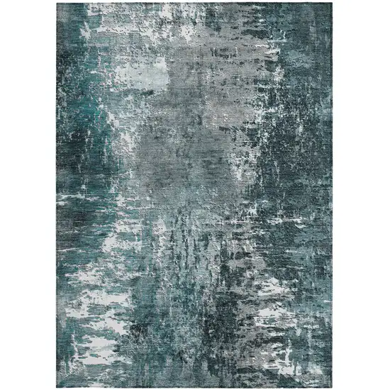 Teal Blue Gray And Charcoal Abstract Washable Indoor Outdoor Area Rug Photo 5