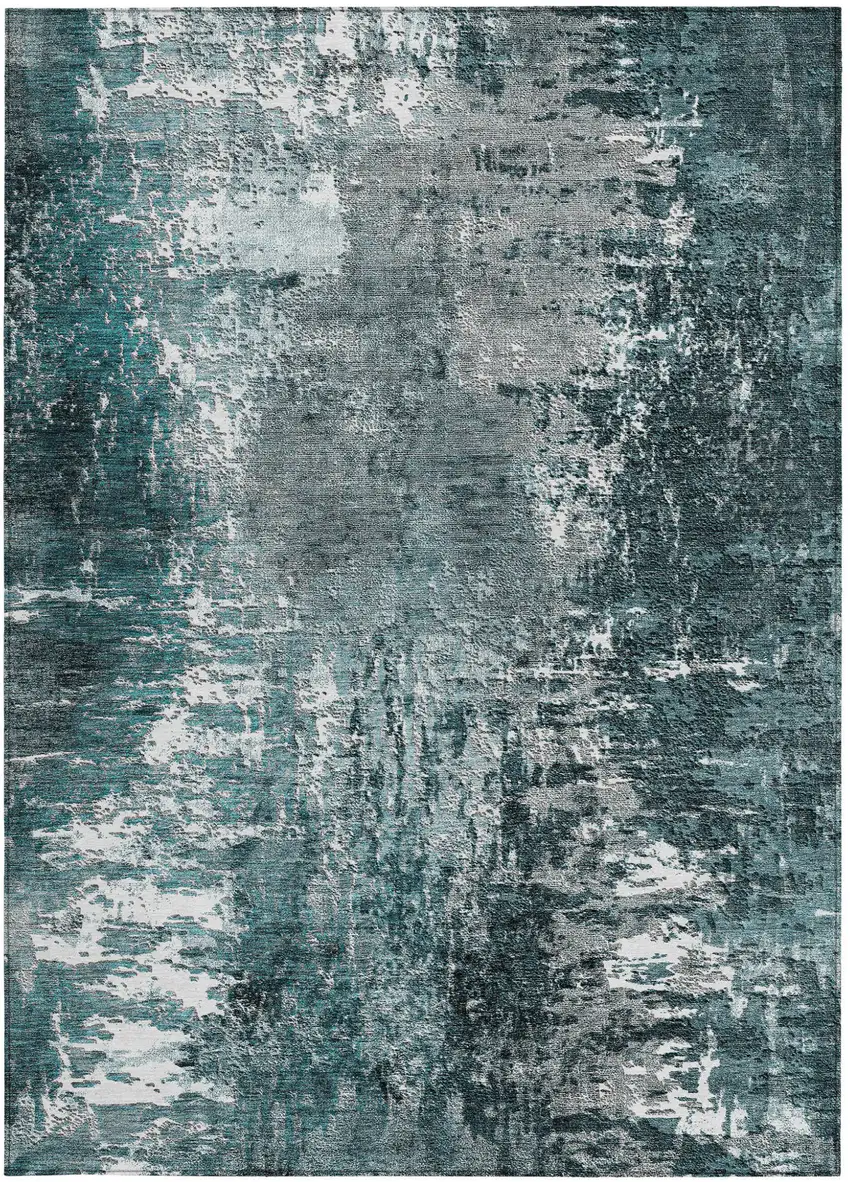 Teal Blue Gray And Charcoal Abstract Washable Indoor Outdoor Area Rug Photo 5