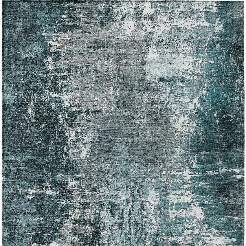 Teal Blue Gray And Charcoal Abstract Washable Indoor Outdoor Area Rug Photo 5
