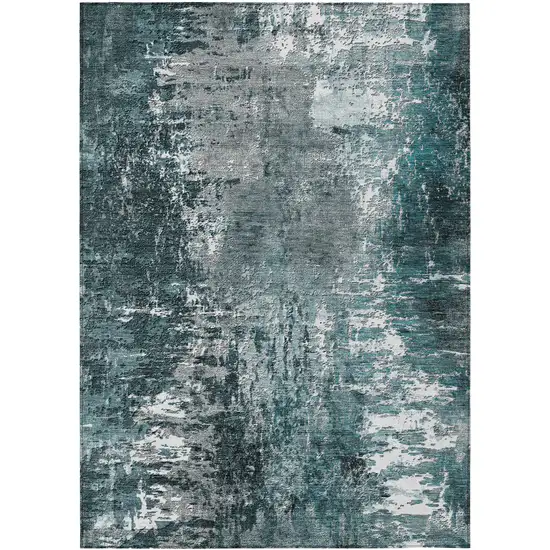 Teal Blue Gray And Charcoal Abstract Washable Indoor Outdoor Area Rug Photo 1
