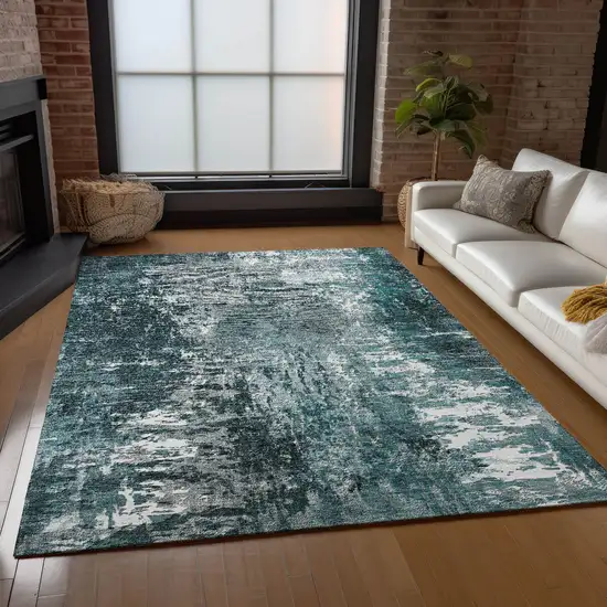 Teal Blue Gray And Charcoal Abstract Washable Indoor Outdoor Area Rug Photo 8