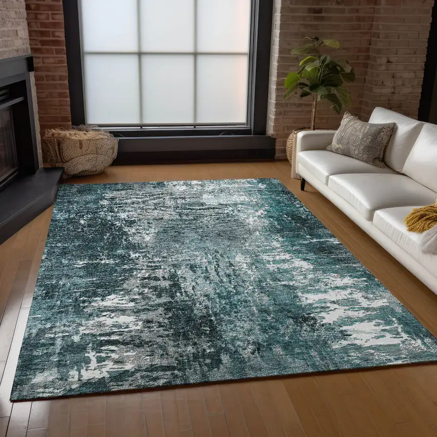 Teal Blue Gray And Charcoal Abstract Washable Indoor Outdoor Area Rug Photo 8