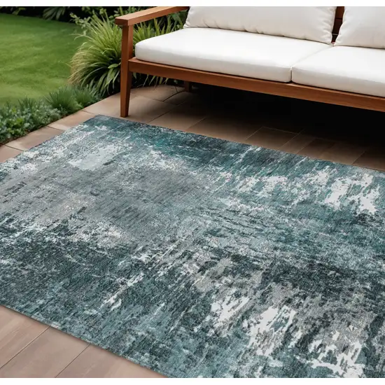 Teal Blue Gray And Charcoal Abstract Washable Indoor Outdoor Area Rug Photo 1