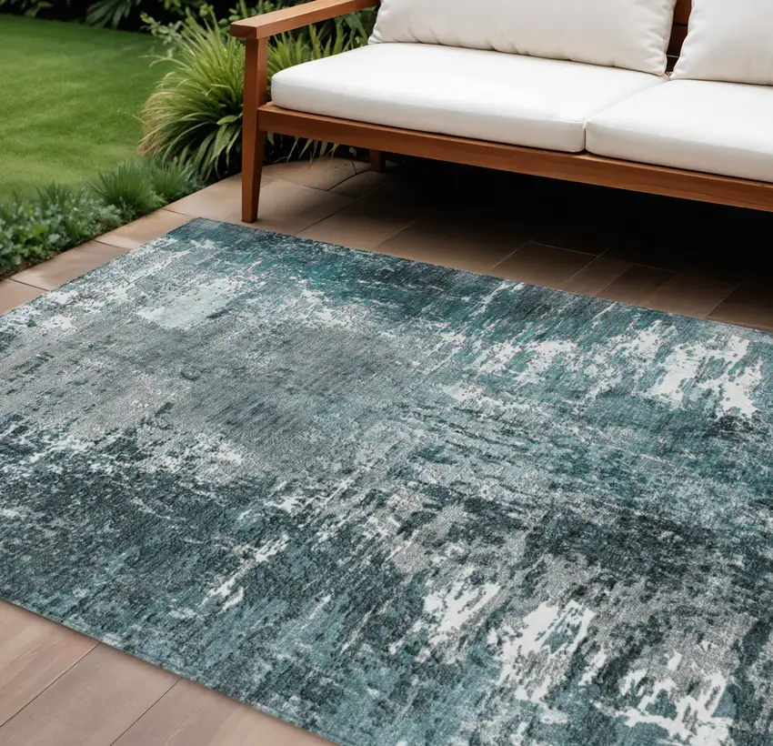 Teal Blue Gray And Charcoal Abstract Washable Indoor Outdoor Area Rug Photo 1