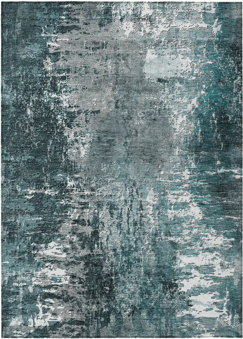 Teal Blue Gray And Charcoal Abstract Washable Indoor Outdoor Area Rug Photo 1
