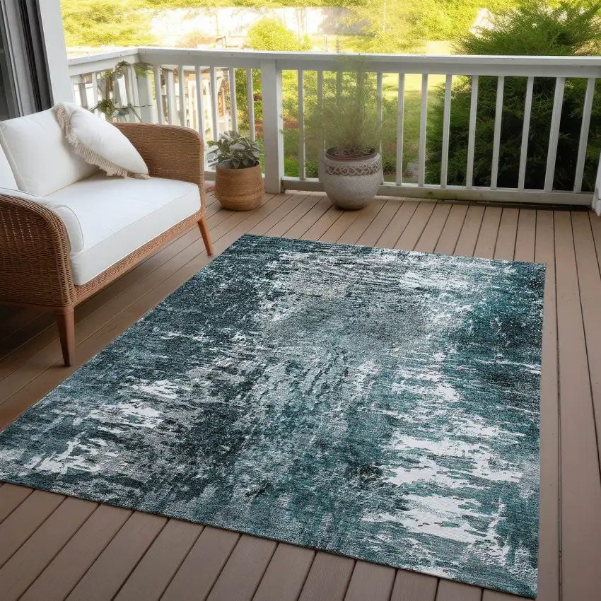 Teal Blue Gray And Charcoal Abstract Washable Indoor Outdoor Area Rug Photo 6