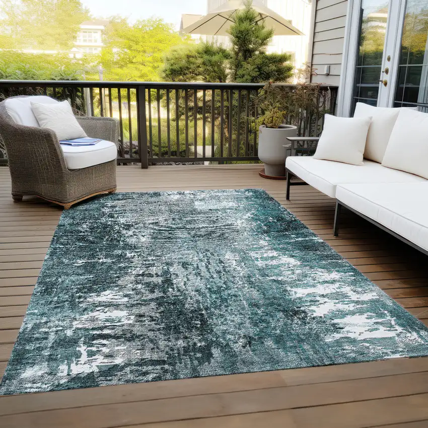 Teal Blue Gray And Charcoal Abstract Washable Indoor Outdoor Area Rug Photo 9