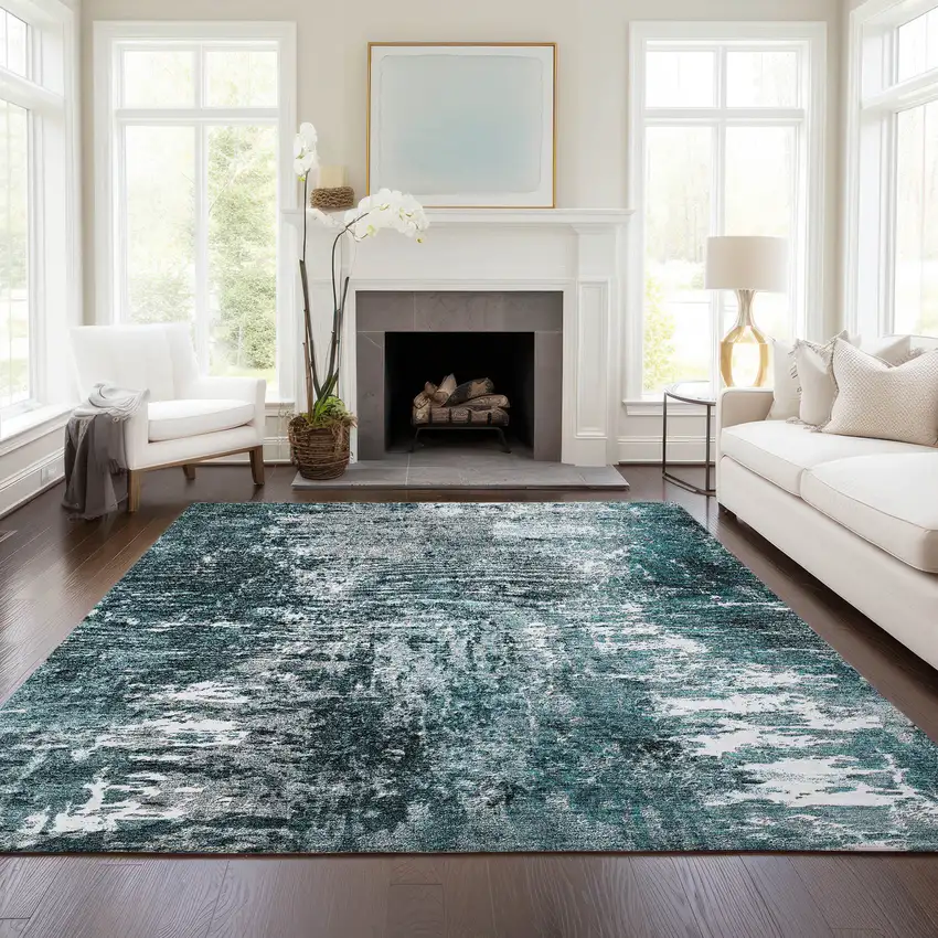 Teal Blue Gray And Charcoal Abstract Washable Indoor Outdoor Area Rug Photo 7