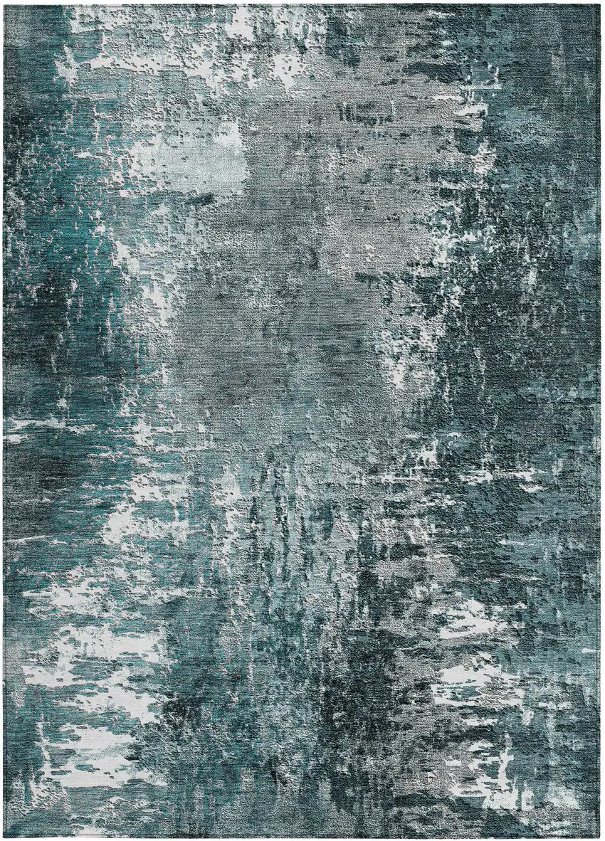 Teal Blue Gray And Charcoal Abstract Washable Indoor Outdoor Area Rug Photo 5