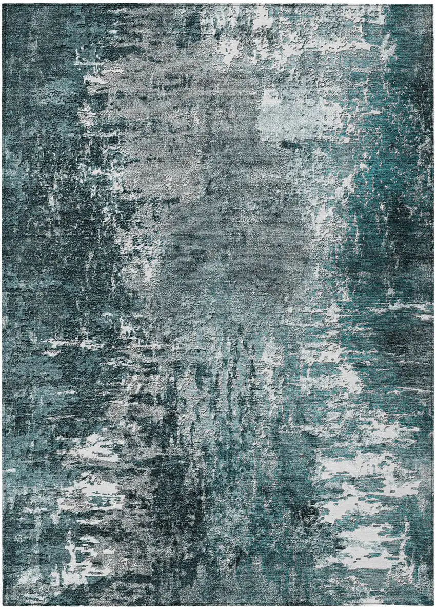 Teal Blue Gray And Charcoal Abstract Washable Indoor Outdoor Area Rug Photo 1