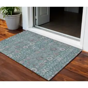Photo of Teal Blue Gray And Charcoal Floral Washable Indoor Outdoor Area Rug