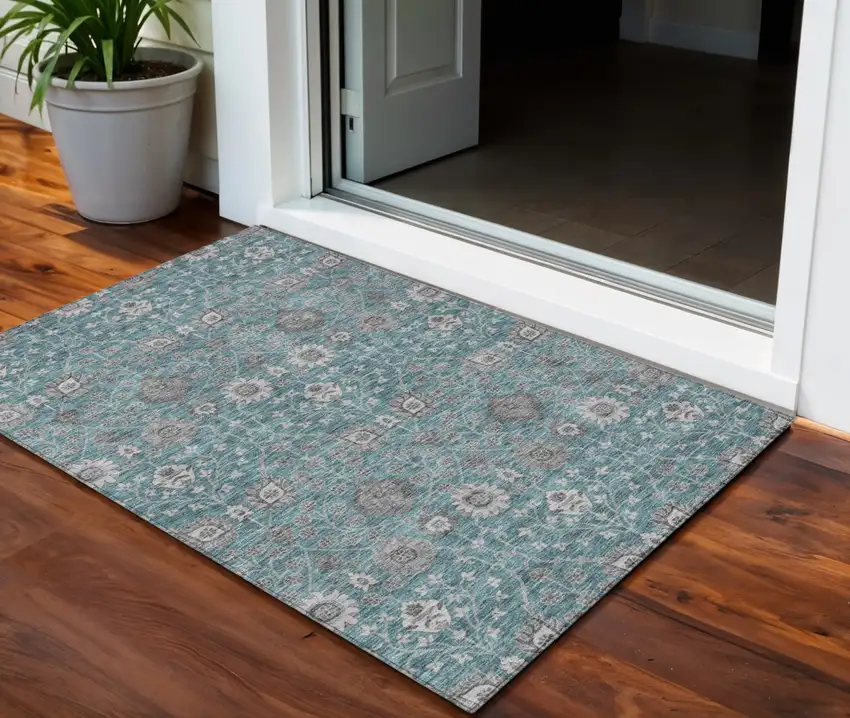 Teal Blue Gray And Charcoal Floral Washable Indoor Outdoor Area Rug Photo 1