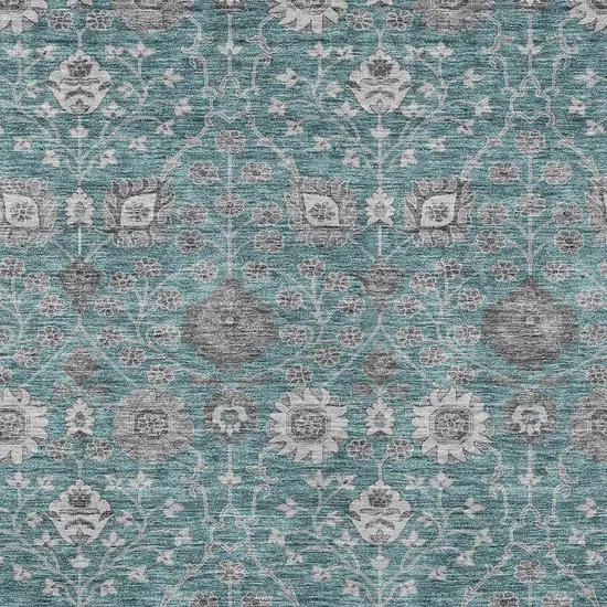 Teal Blue Gray And Charcoal Floral Washable Indoor Outdoor Area Rug Photo 6