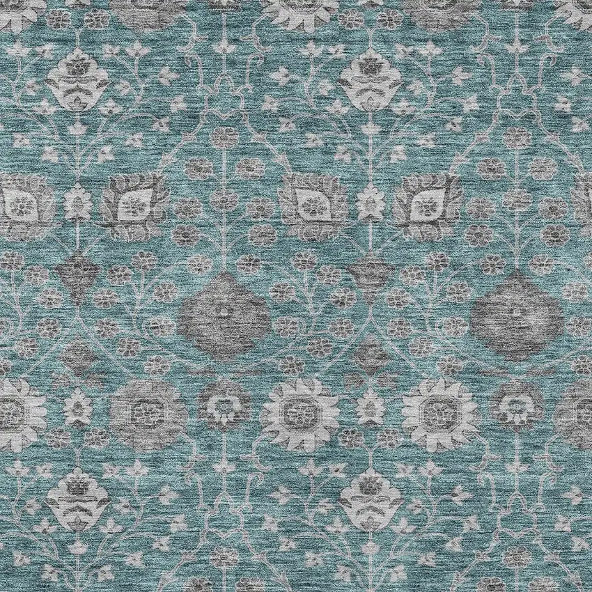 Teal Blue Gray And Charcoal Floral Washable Indoor Outdoor Area Rug Photo 6