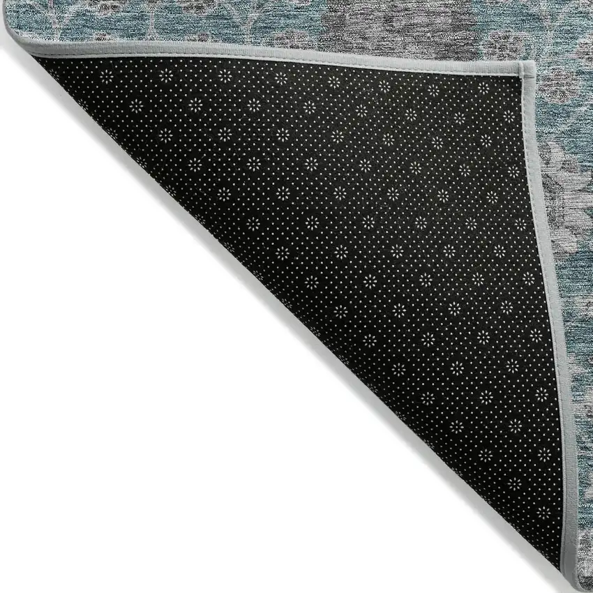 Teal Blue Gray And Charcoal Floral Washable Indoor Outdoor Area Rug Photo 3
