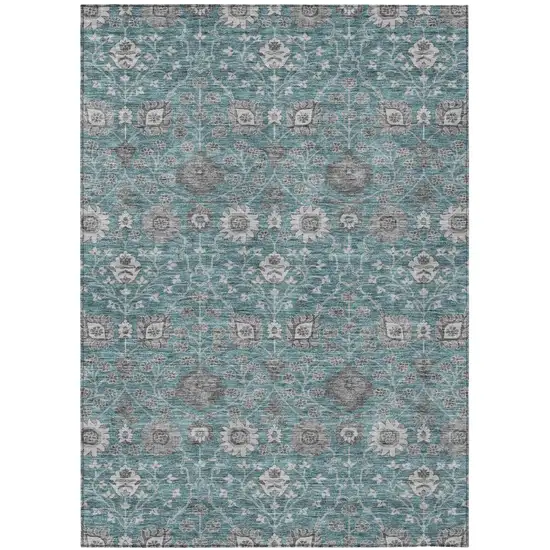 Teal Blue Gray And Charcoal Floral Washable Indoor Outdoor Area Rug Photo 2