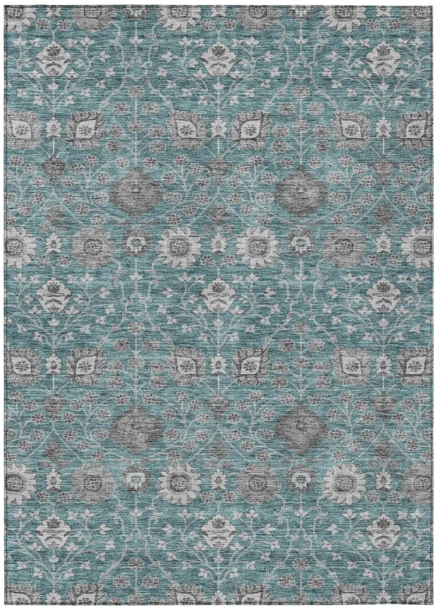 Teal Blue Gray And Charcoal Floral Washable Indoor Outdoor Area Rug Photo 2