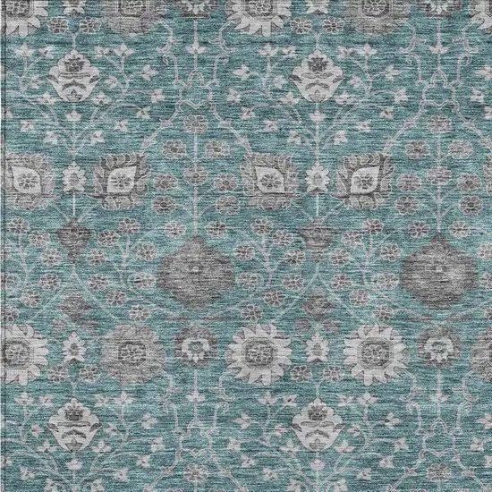 Teal Blue Gray And Charcoal Floral Washable Indoor Outdoor Area Rug Photo 6