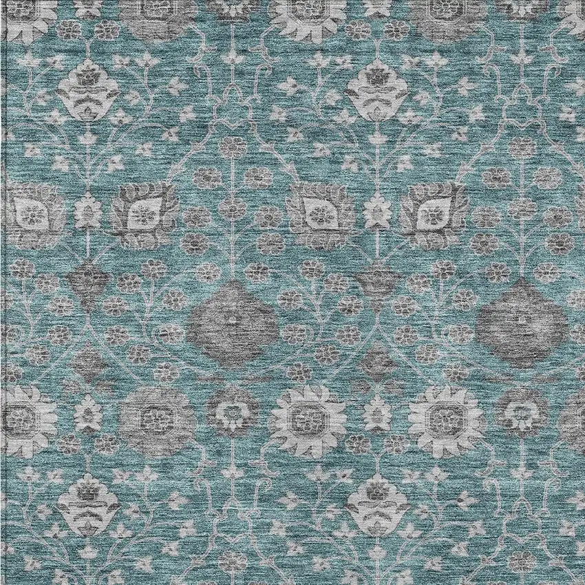 Teal Blue Gray And Charcoal Floral Washable Indoor Outdoor Area Rug Photo 6