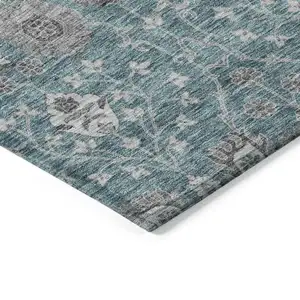 Photo of Teal Blue Gray And Charcoal Floral Washable Indoor Outdoor Area Rug