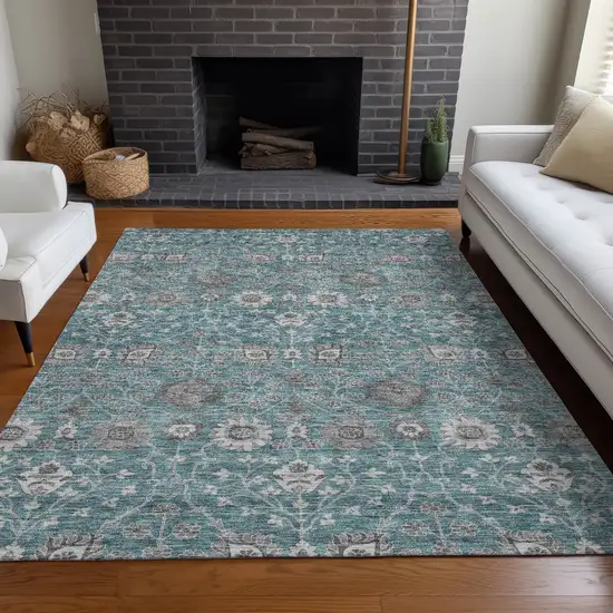 Teal Blue Gray And Charcoal Floral Washable Indoor Outdoor Area Rug Photo 9