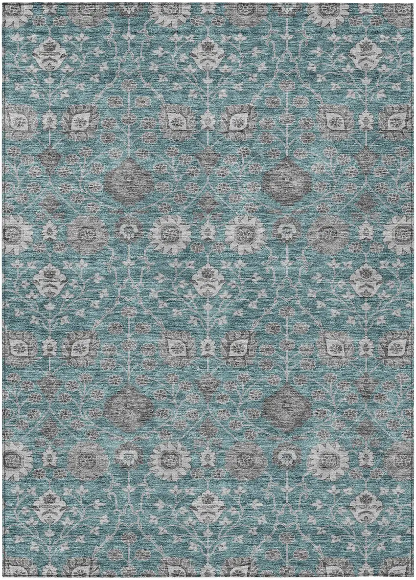 Teal Blue Gray And Charcoal Floral Washable Indoor Outdoor Area Rug Photo 2