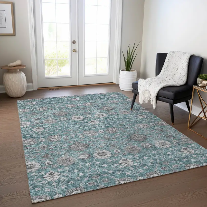 Teal Blue Gray And Charcoal Floral Washable Indoor Outdoor Area Rug Photo 8