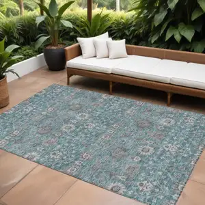 Photo of Teal Blue Gray And Charcoal Floral Washable Indoor Outdoor Area Rug
