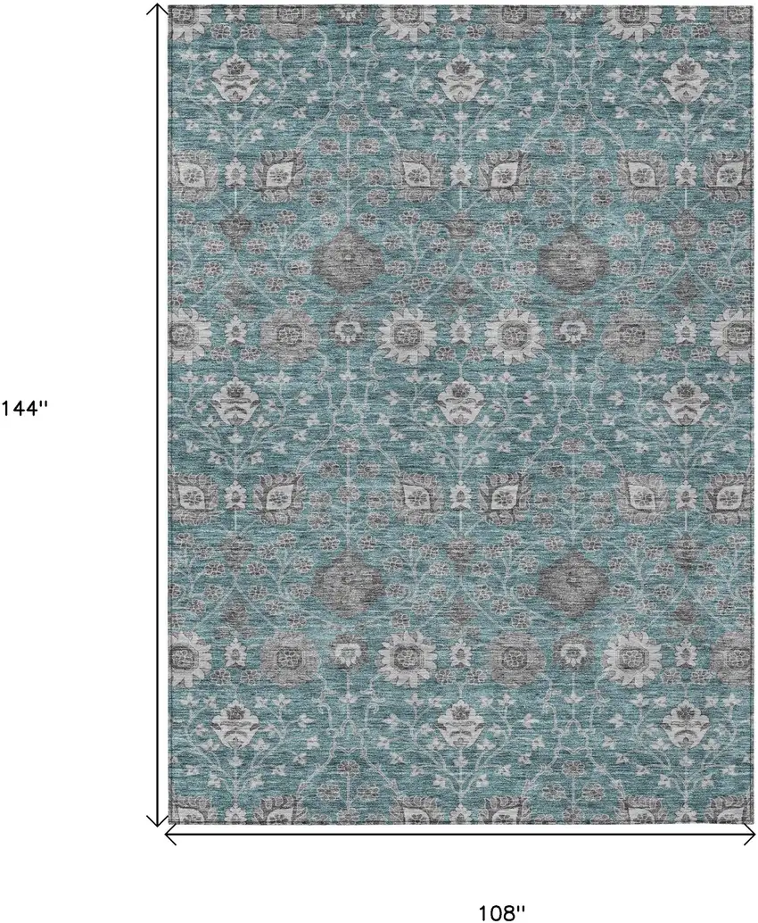 Teal Blue Gray And Charcoal Floral Washable Indoor Outdoor Area Rug Photo 8