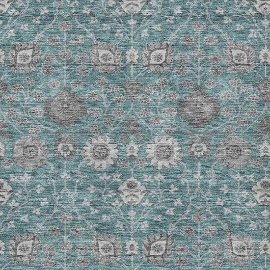 Teal Blue Gray And Charcoal Floral Washable Indoor Outdoor Area Rug Photo 6