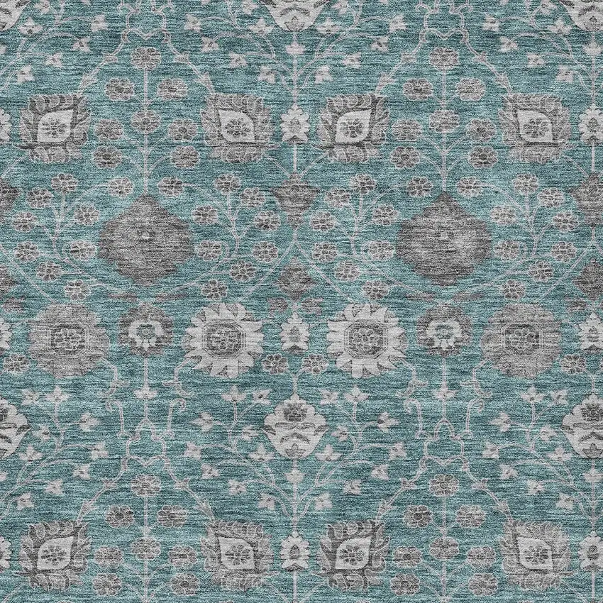 Teal Blue Gray And Charcoal Floral Washable Indoor Outdoor Area Rug Photo 6