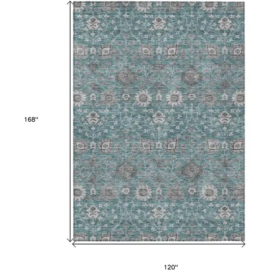 Teal Blue Gray And Charcoal Floral Washable Indoor Outdoor Area Rug Photo 8