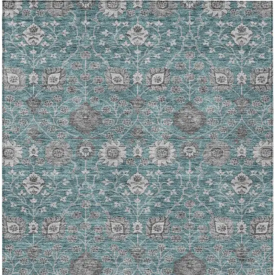Teal Blue Gray And Charcoal Floral Washable Indoor Outdoor Area Rug Photo 6
