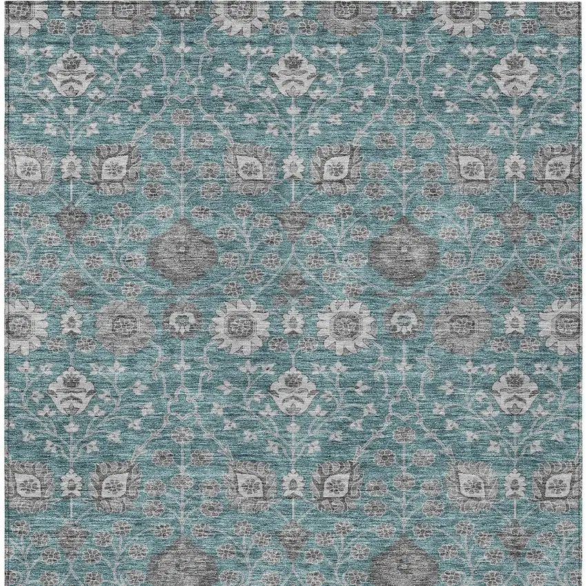 Teal Blue Gray And Charcoal Floral Washable Indoor Outdoor Area Rug Photo 6