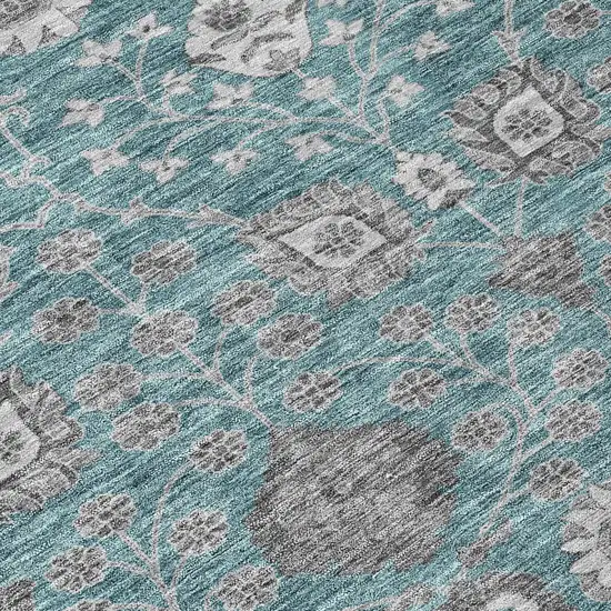 Teal Blue Gray And Charcoal Floral Washable Indoor Outdoor Area Rug Photo 5