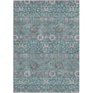 Photo of Teal Blue Gray And Charcoal Floral Washable Indoor Outdoor Area Rug