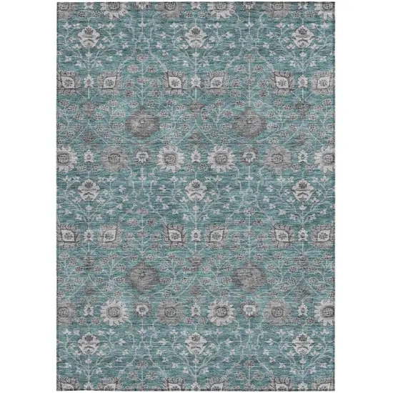 Teal Blue Gray And Charcoal Floral Washable Indoor Outdoor Area Rug Photo 7