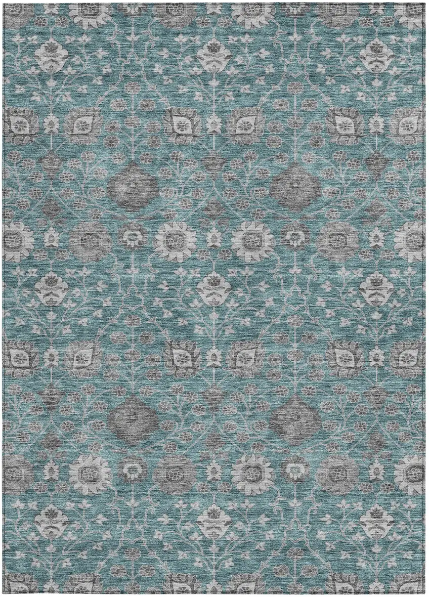 Teal Blue Gray And Charcoal Floral Washable Indoor Outdoor Area Rug Photo 7