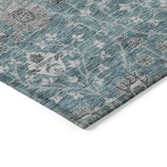 Teal Blue Gray And Charcoal Floral Washable Indoor Outdoor Area Rug Photo 4