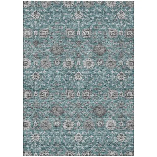 Teal Blue Gray And Charcoal Floral Washable Indoor Outdoor Area Rug Photo 2